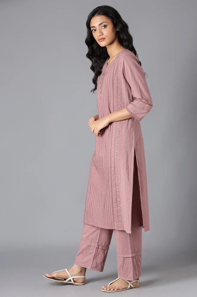 Buy Light Pink Pintuck Cotton Kurta Online - Shop for W