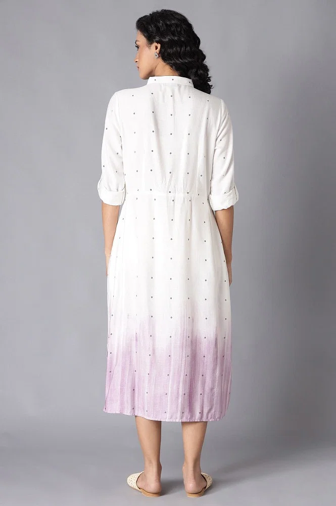 Ecru And Lavender A-Line Long Shirt Dress