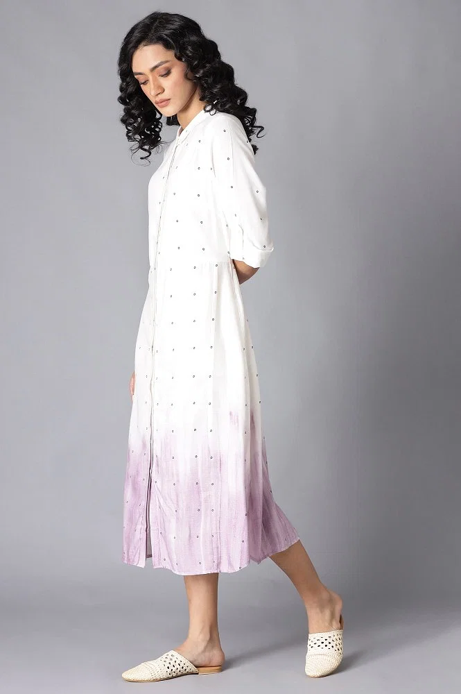 Ecru And Lavender A-Line Long Shirt Dress