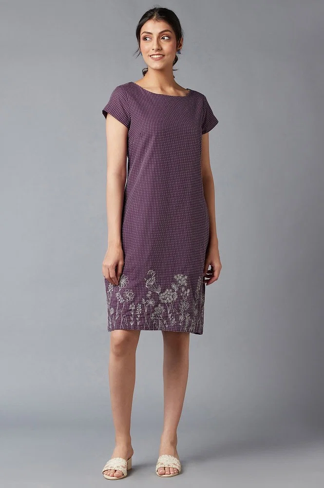 Buy Purple Dobby Cotton Dress In Round Neck Online - Shop for W