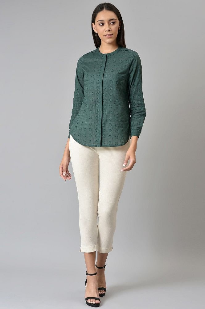 Buy Dark Green Cotton Dobby Textured Shirt In Mandarin Collar