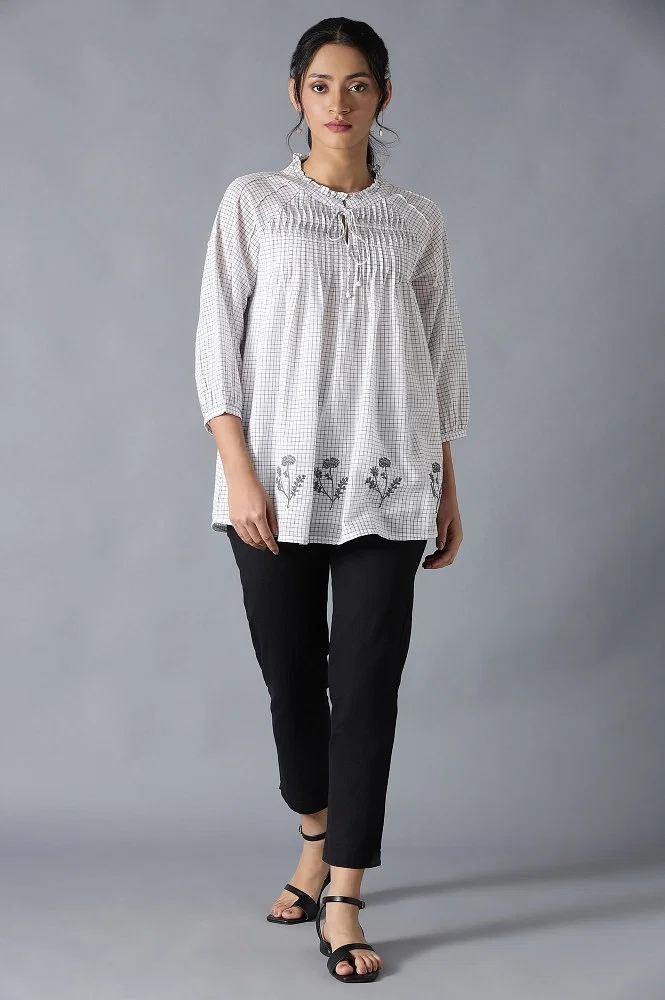 Ecru Cotton Dobby Top With Neck Tie And Embroidery