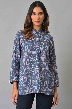 Buy MATWALI Women Bright Blue Casual Floral Printed Top and