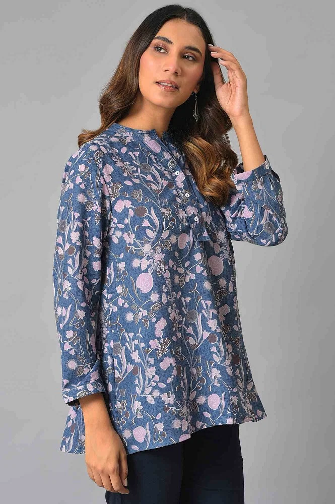 Buy MATWALI Women Bright Blue Casual Floral Printed Top and
