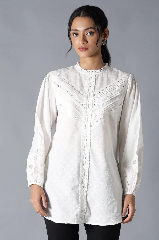 Buy White Top With Lace And Applique Embroidered Sleeves Online