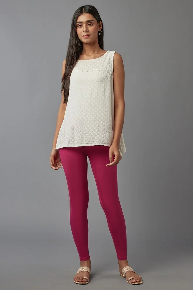Buy Dark Pink Solid Cotton Tights Online - W for Woman
