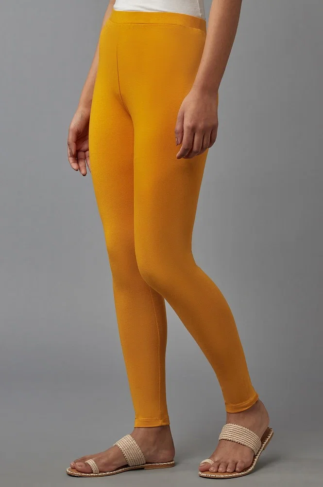 Buy Deep Yellow Solid Cotton Tights Online - W for Woman