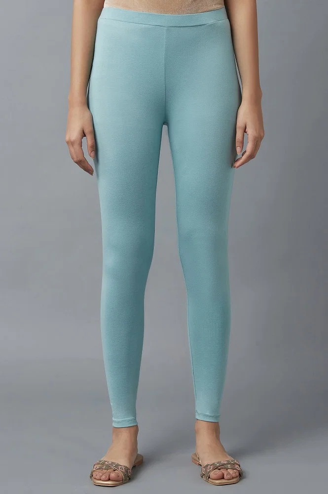 Buy Aqua Blue Solid Cotton Tights Online - W for Woman