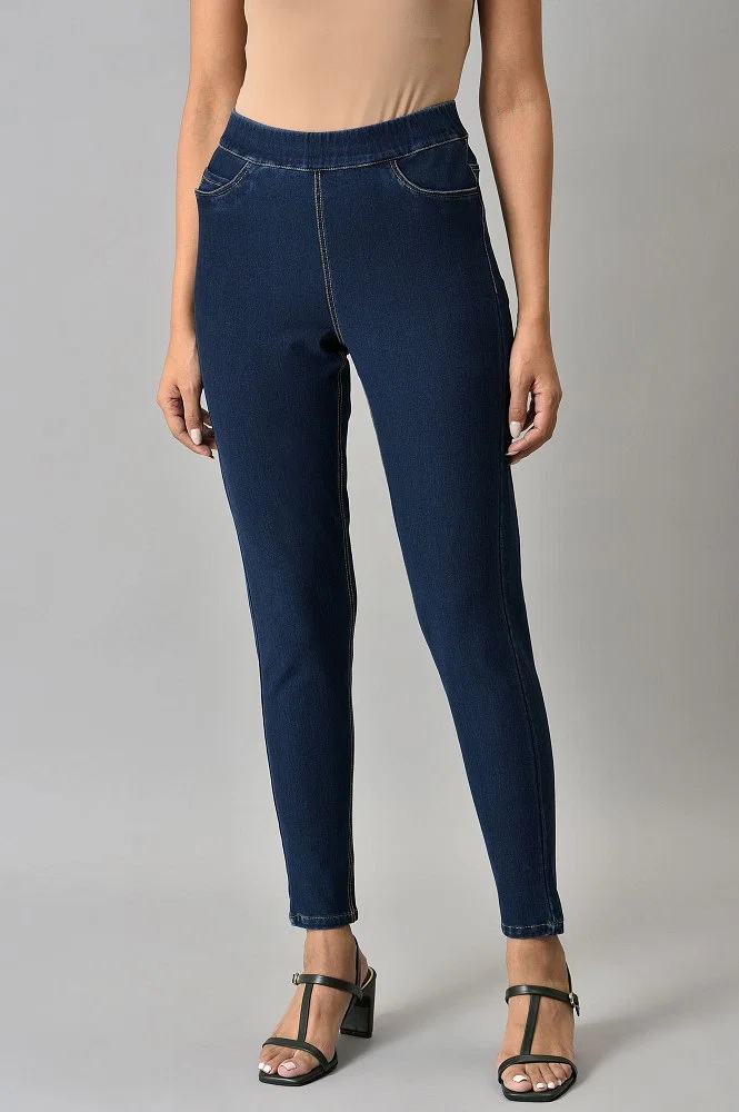 Women's Navy Blue Relaxed Fit Jeggings - Wahe-NOOR - 32