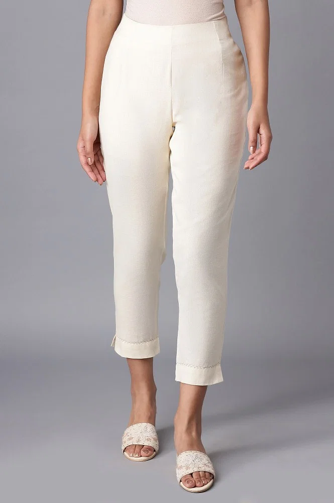 Buy Ecru Solid Light Festive Slim Pants Online - W for Woman