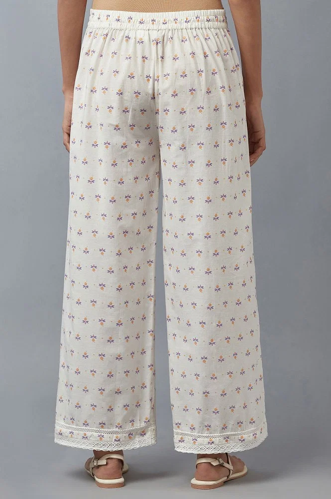 Comfortable white floral-embroidered sheer tulle pants