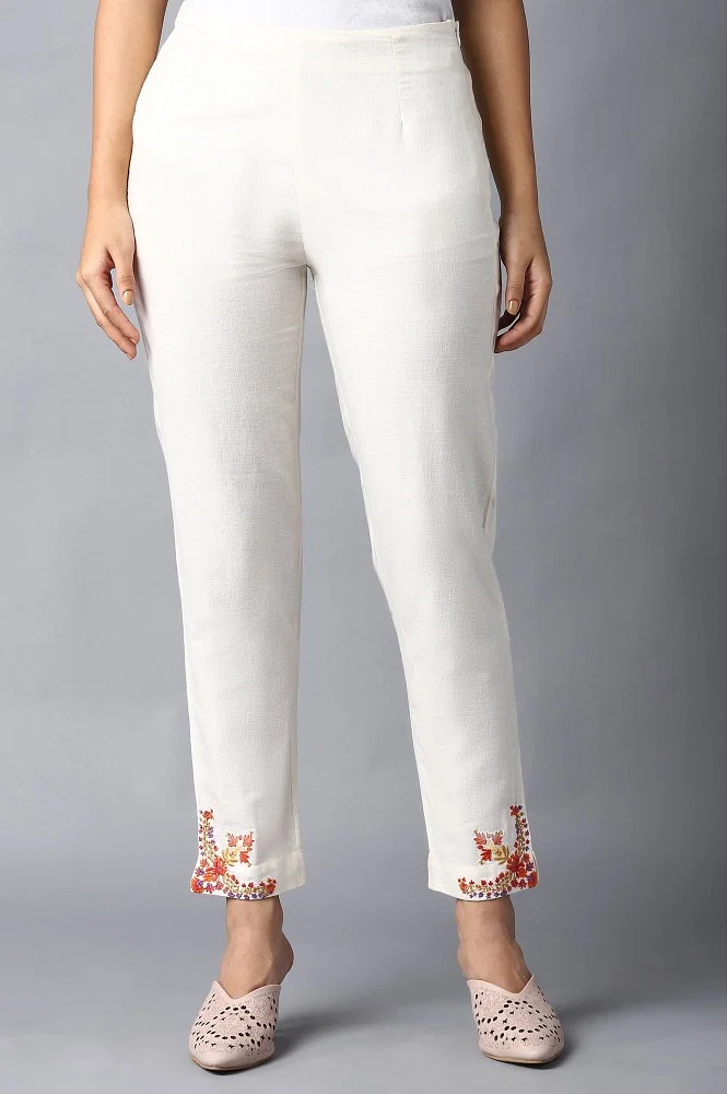 Buy Ecru Solid Slim Pants With Thread Embroidery Online - W for Woman