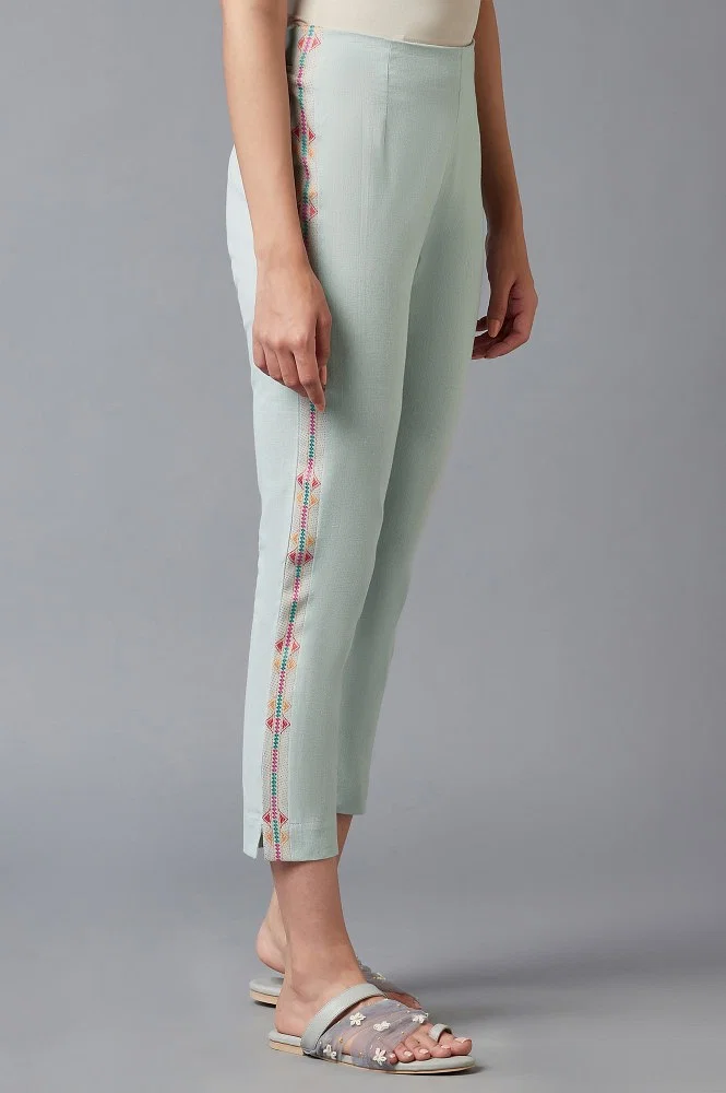 Buy Blue Cotton Flax Solid Slim Pants Online - W for Woman