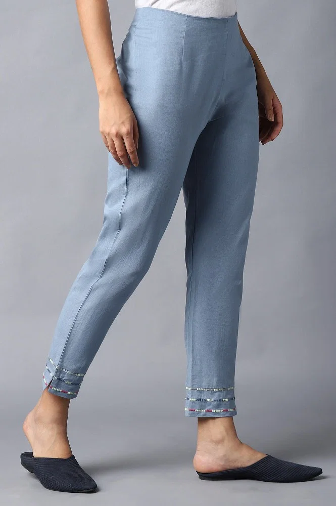Buy Blue Cotton Flax Solid Slim Pants Online - W for Woman