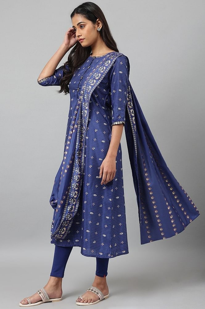 Buy Blue Printed A-line Cowl Kurta With Tights Online - Shop for W