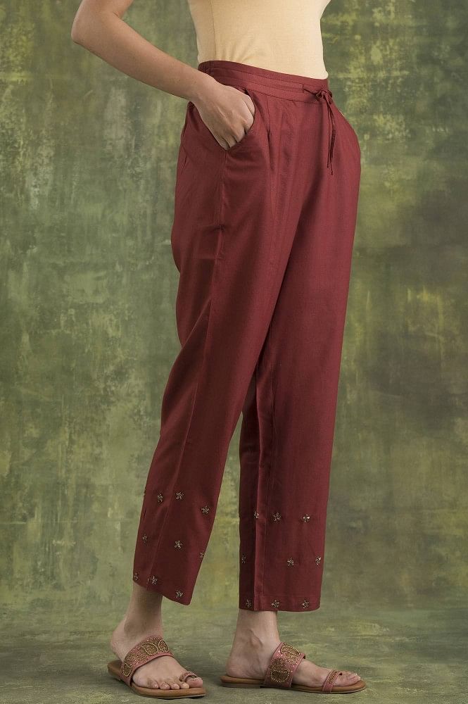Buy Red Cotton Solid Cigarette Pants Online in India