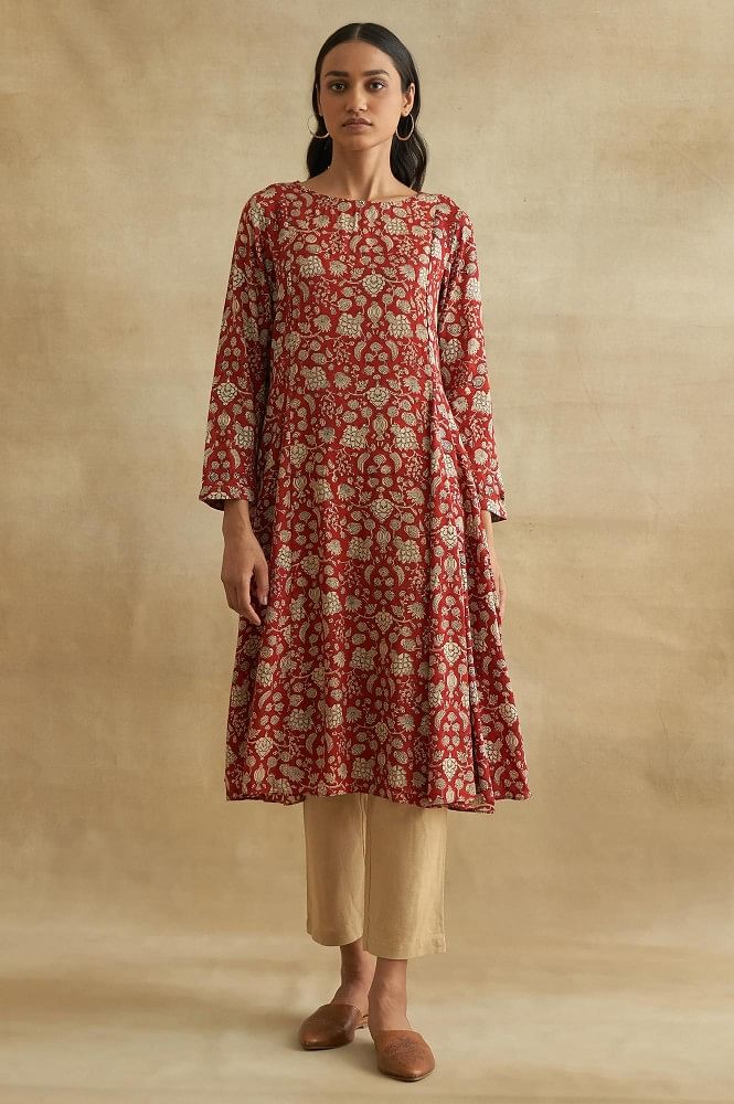 Long dress for women with tassel in brown handblock print kalamkari cotton.
