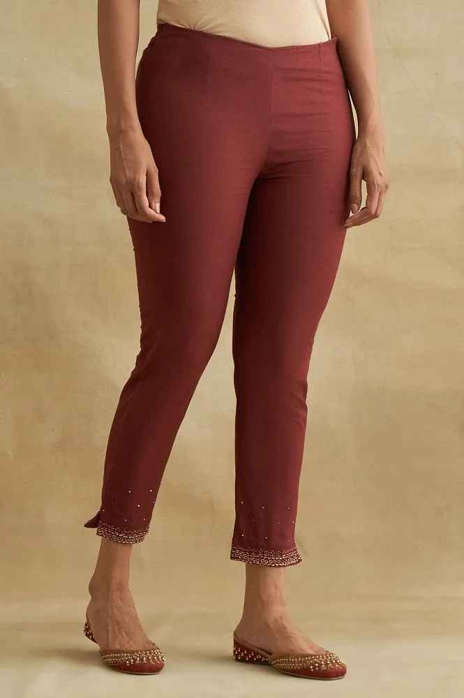 Buy Dark Red Solid Slim Pants Online - W for Woman