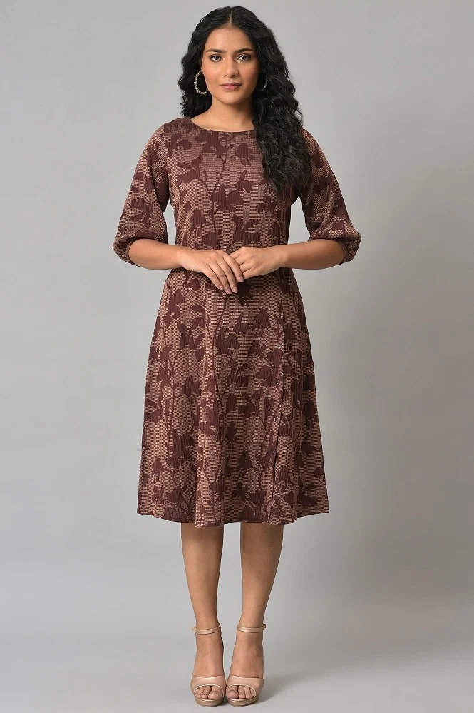 Buy Brown Yarn-dyed Floral Printed Western Dress Online - W for Woman