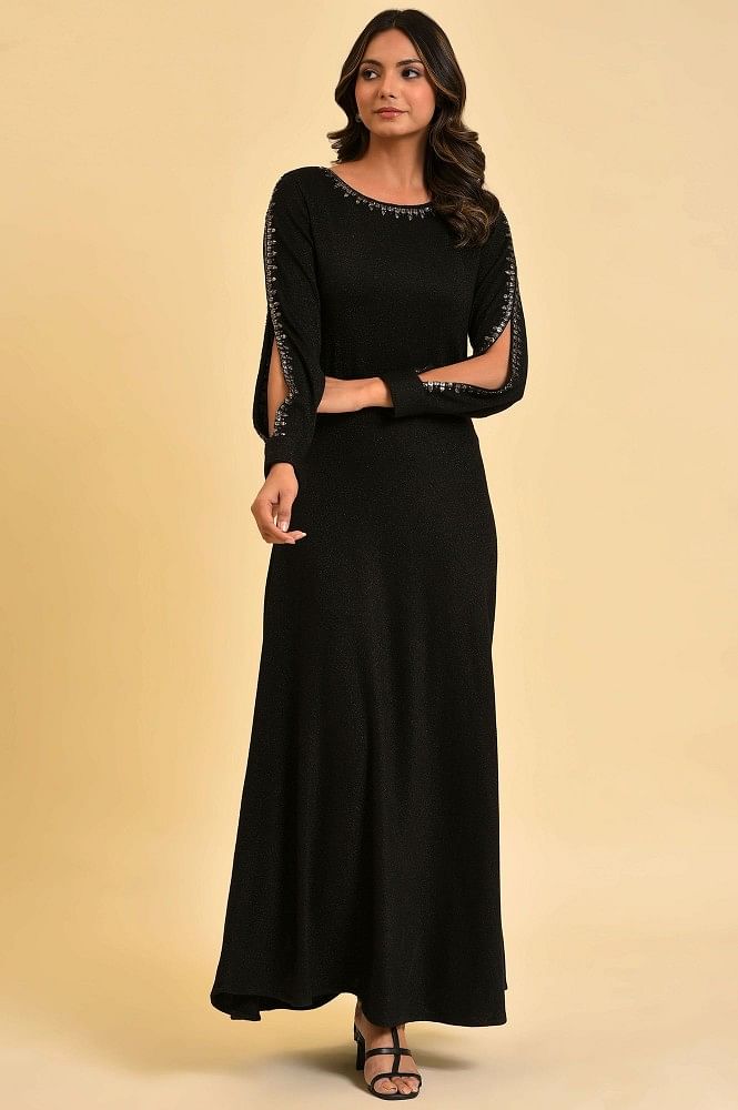 Women's Black & Gold Embellished Sequin Gown - Evening Dress | Lovez Aqua