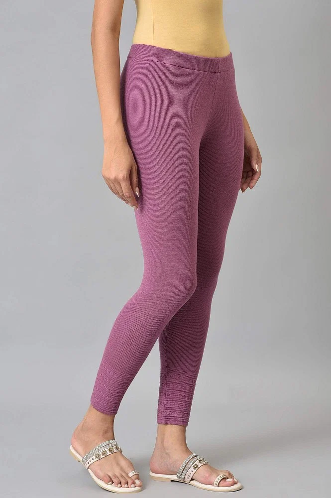 Purple Knitted Winter Leggings With Pintuck