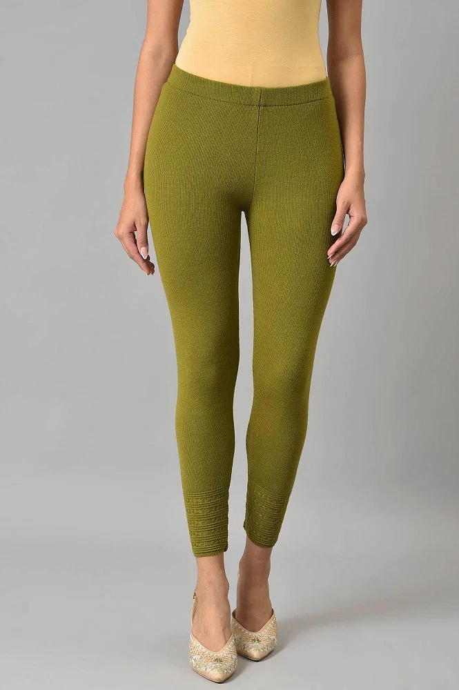 Olive Knitted Winter Leggings With Pintucks