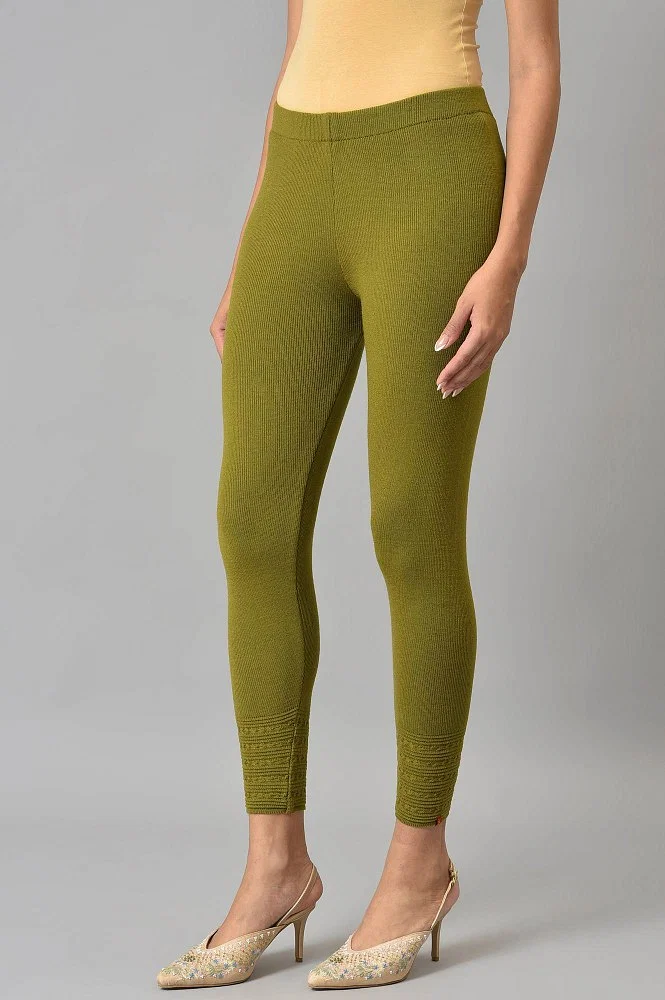 Olive Knitted Winter Leggings With Pintucks