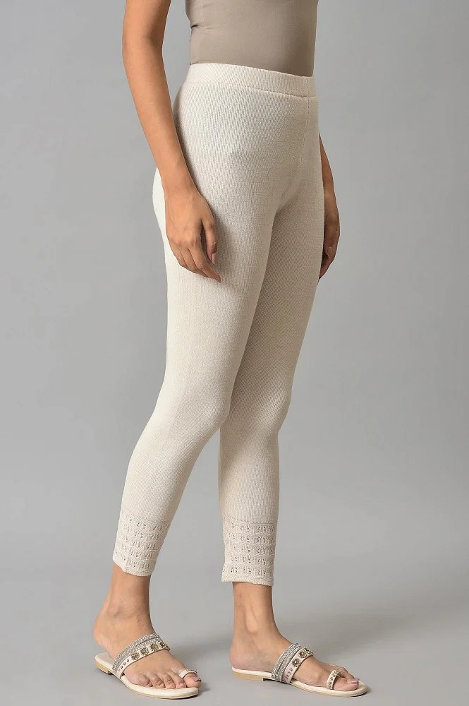 Buy Ecru Knitted Cotton Lycra Tights Online - W for Woman