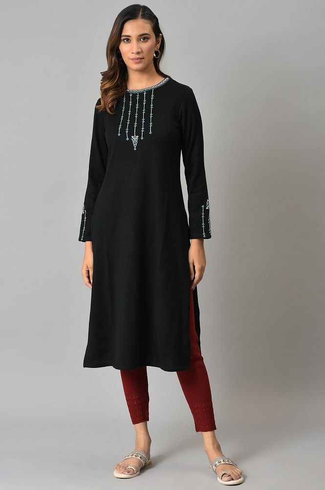Buy Wahe-NOOR Women's Black Printed A-Line Rayon And Cotton Kurta Online at  Best Price | Distacart