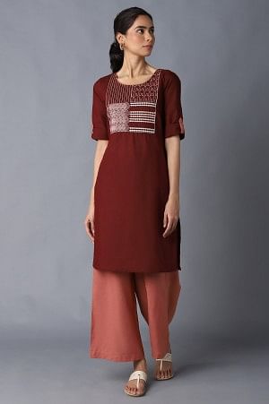 Aure Collection By Aurelia Red Solid Ethnic Kurta With Peach Straight Palazzo