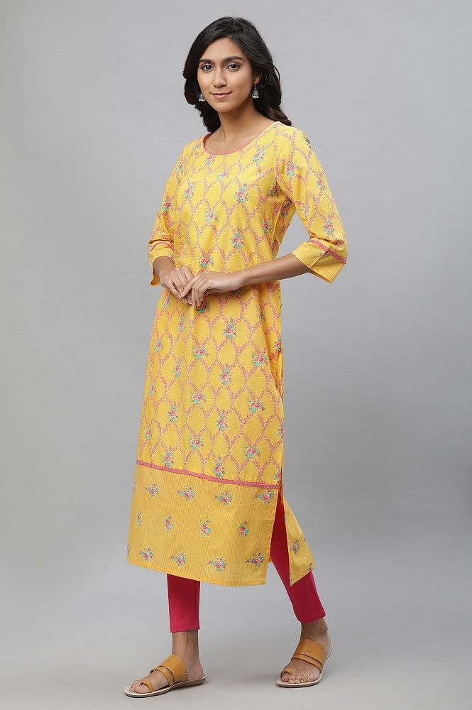 Indian Women White & Yellow Floral Printed Anarkali Kurta Kurti Dress Top  Tunic | eBay
