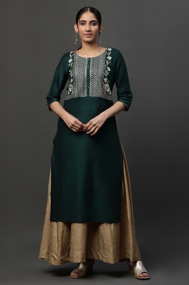 Charming Dark Green Colored Casual Wear Embroidered Cotton Sulb Kurti