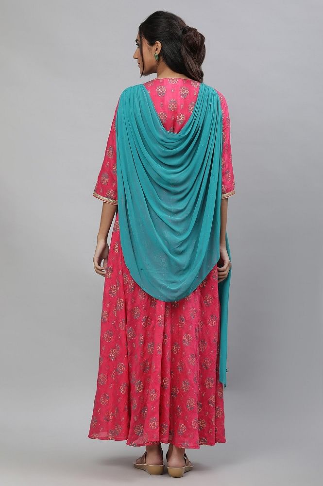 Women Embroidered Georgette Gown Kurta With Attached Dupatta
