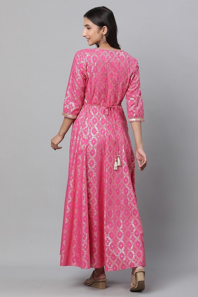 Buy Pink Foil Printed Embroidered Anarkali Dress Online - Aurelia