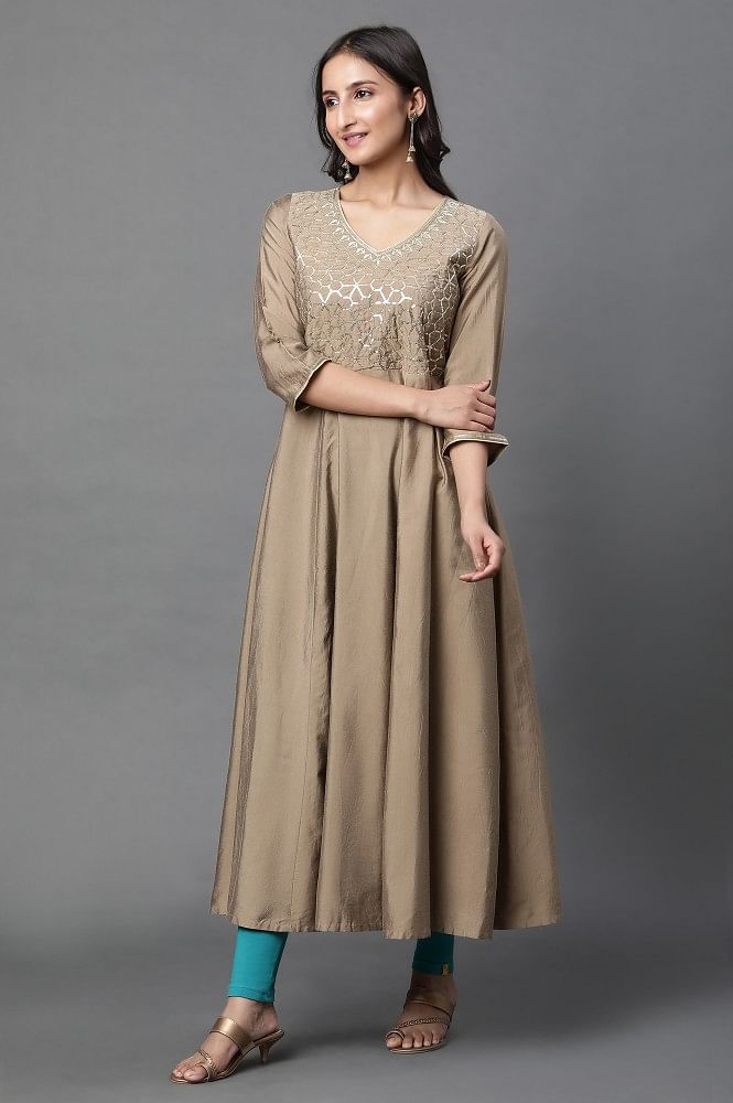 Golden Zari Embroidred Flared Kurta