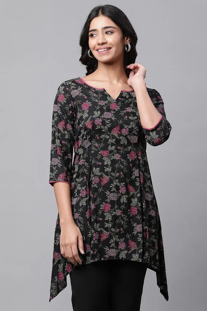 Black Leheria Printed Long Kurti 961KR01