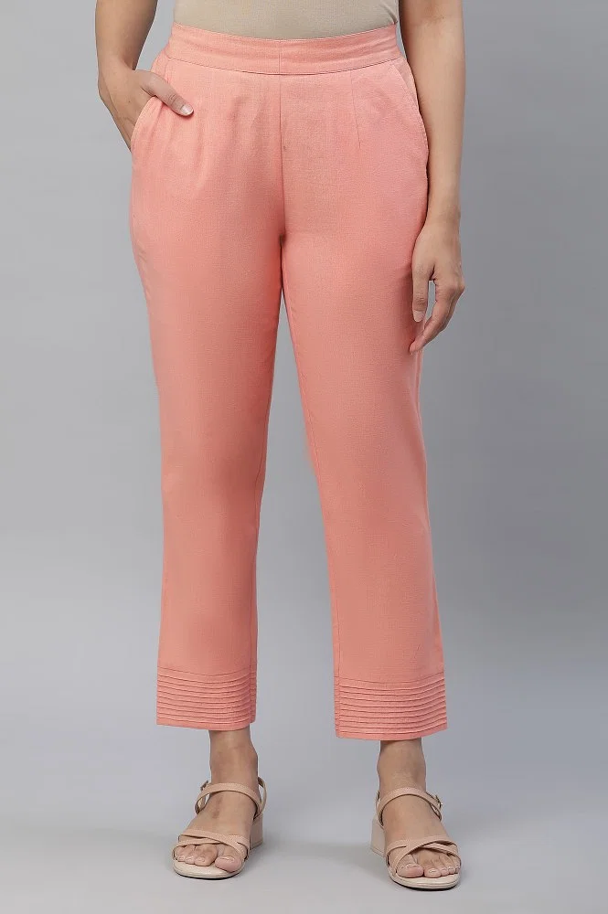 Buy Peach Cotton Flax Trouser Pants Online - Aurelia