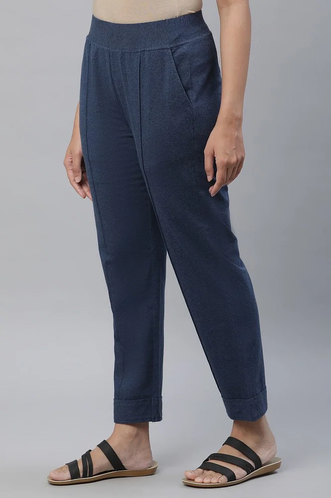 Buy Blue Cotton Lycra Pintuck Trousers Online - Aurelia
