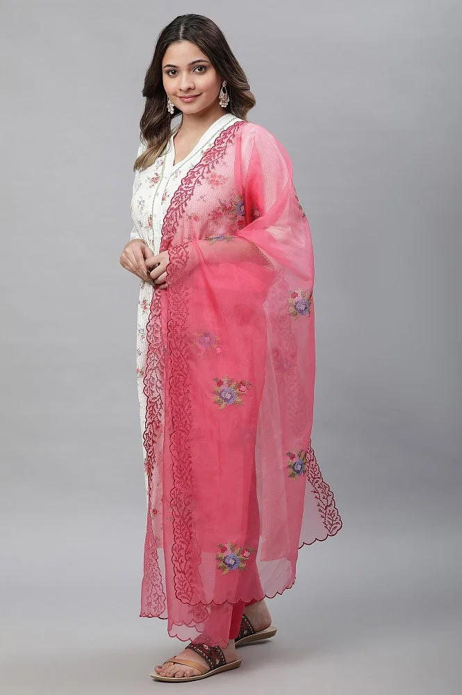 Buy Pink Embroidered Nylon Organza Dupatta Online - Aurelia