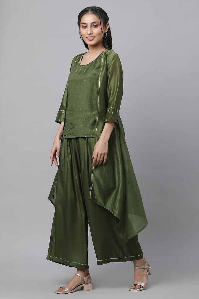 Olive Green Textured Flared Palazzo with Tessel Details-HP0381-3 – Lakshita
