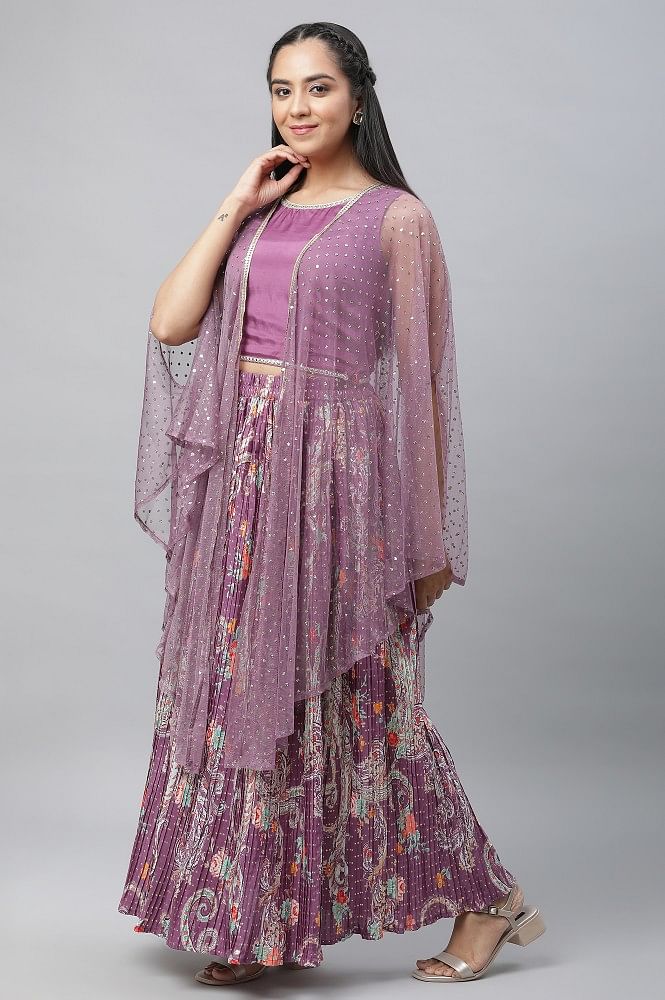 Buy Purple Net Embellished Gilet, Crop Top And Pleated Skirt Set 