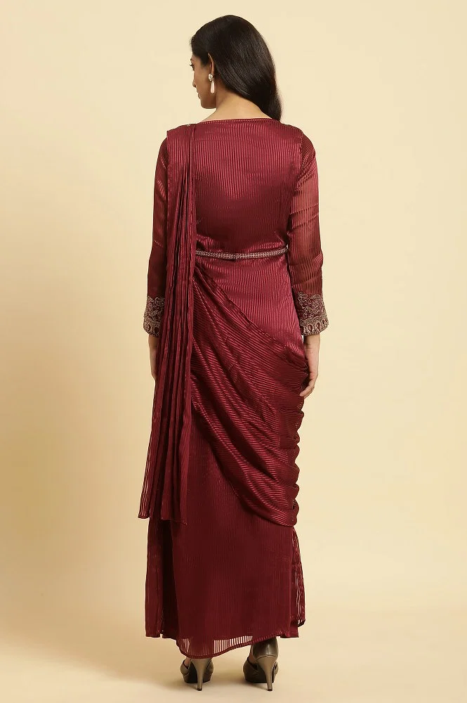 Buy Maroon Jewelled Neck Pre-drape Saree Dress Online - W for Woman