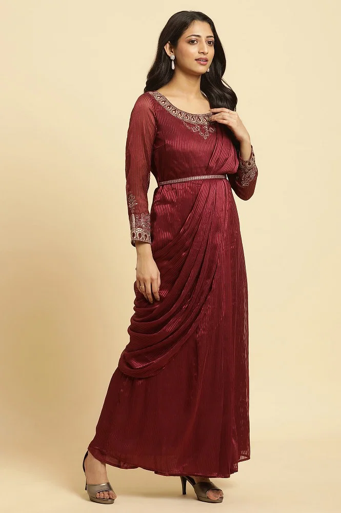 Buy Plus Size Maroon Insta Saree Dress With Embroidered Belt