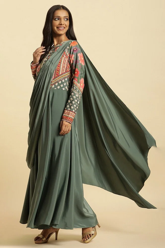 SK's Green Predrape Saree Dress With Multi-Coloured Embellishement