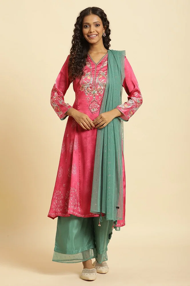 Buy Pink Digital Printed Kurta, Pants And Dupatta Set Online - W for Woman