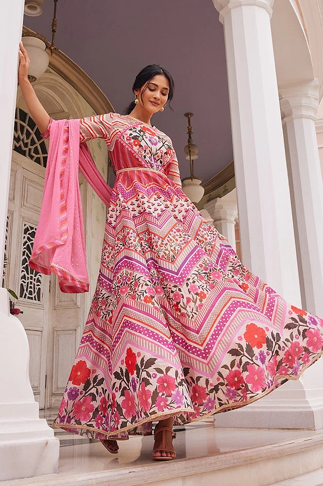 SK's Multi-Coloured Floral Printed Anarkali Dress And Dupatta Set