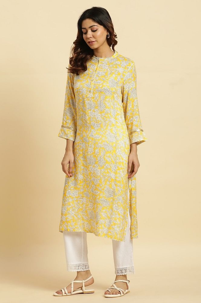 Pastel Yellow Floral Printed Simple Cotton Girl's Kurti – Gatim Fashions