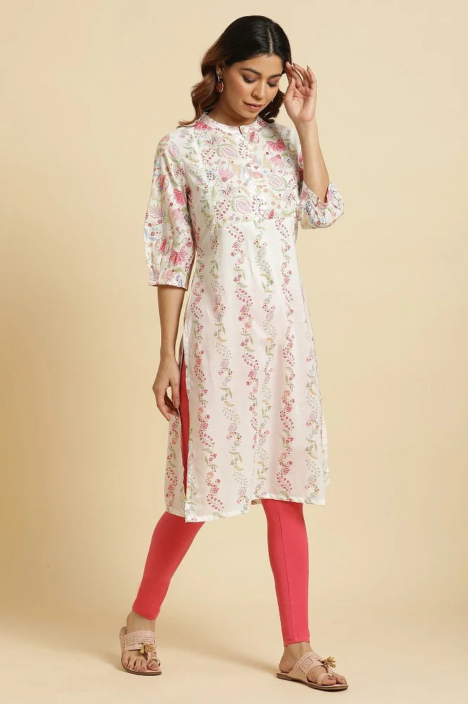 White Floral Printed Straight Kurta