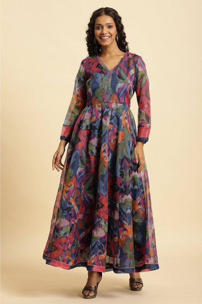 A-Line Cotton Green Ikat Printed Gathered Dress with Round Neck & 3/4  Sleeves at Rs 544/piece in Jaipur