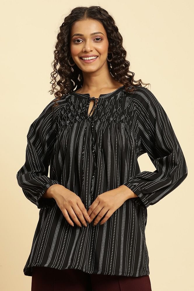 Black Smocked Stripe Western Top